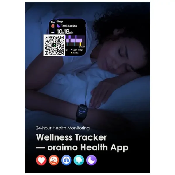 ⁦ساعة أورايمو ذكية Watch 4 Plus مع مكالمات لاسلكية، شاشة عرض بدقة HD بمقاس 2.01 بوصة، تتبع للياقة البدنية مع مراقبة معدل ضربات القلب والنوم وعداد الخطوات، مقاومة للماء بتصنيف IP68، أسود⁩ - الصورة ⁦6⁩