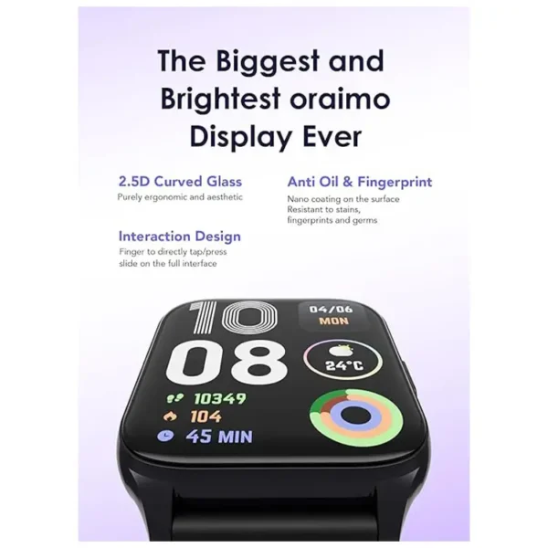 ⁦ساعة أورايمو ذكية Watch 4 Plus مع مكالمات لاسلكية، شاشة عرض بدقة HD بمقاس 2.01 بوصة، تتبع للياقة البدنية مع مراقبة معدل ضربات القلب والنوم وعداد الخطوات، مقاومة للماء بتصنيف IP68، أسود⁩ - الصورة ⁦2⁩