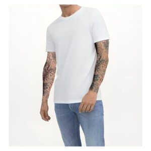 تيشرت ابيض سادة بقبة دائرية وأكمام قصيرة وقصة كلاسيكية للرجال، من القطن الفاخر بنسبة 100%