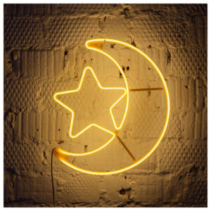 زينة رمضان – ضوء نيون هلال ونجمه مصباح ليد على شكل هلال ونجمه، ديكور حائط اصفر ورم